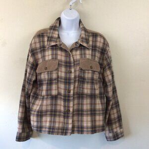 Easel Los Angeles Cropped Button Down Flannel Shirt with Corduroy Inserts